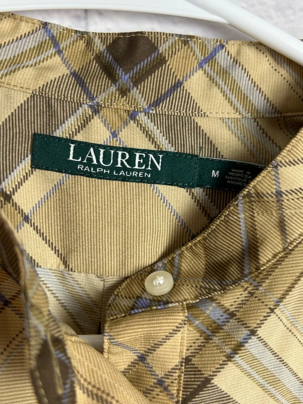 Lauren Ralph Lauren Plaid Utility Shirt Tan Brown Blue Button Front Medium